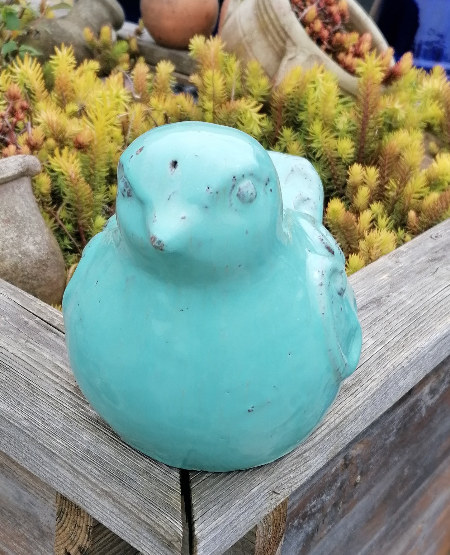 NEU !! 2. Wahl ! Vogel aus frostfesten Steinzeug türkis glasiert ca. 24 cm lang Deko Garten Spatz Figur Taube