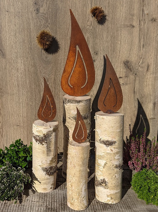 4er Set Kerzen aus Birkenholz mit Metallflamme in Edelrost