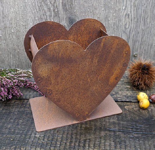 Herz, doppelt auf Platte, bepflanzbar, 17 cm hoch aus Metall in Edelrost Hochzeit Muttertag Geschenk